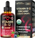 USDA Vitamina Orgánica B12 Sublingual Drops - 5000 mcg Liquid Vegan Methylcobalamin for Women &amp; Men - Energy Boost, Focus &amp; Mood, Brain Health Support - Maximize Absorption - 2 Month Supply, 2 fl oz