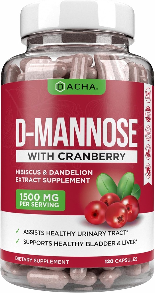 Natural D-Mannose Capsules 4-in-1 Formula - 120 CAPS, 1500 MG Cranberry, Dandelion, Hibiscus Flower Extract, Pills for Supporting Bladder and Urinary Tract Health