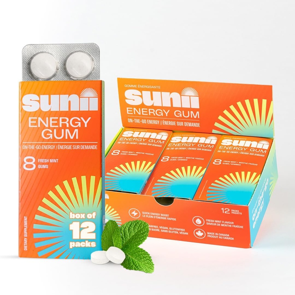 Sunii - Energy Gum - NUEVO Quick Boost Energy & Focus - 50mg Caffeine Gum -Vitamins B6 &amp; B12, Taurine, Vegan, No Sugar, Zero Calorie, Fresh Mint Taste - Más rápido que Chews, Bebidas, Gels & Pills (96pcs)