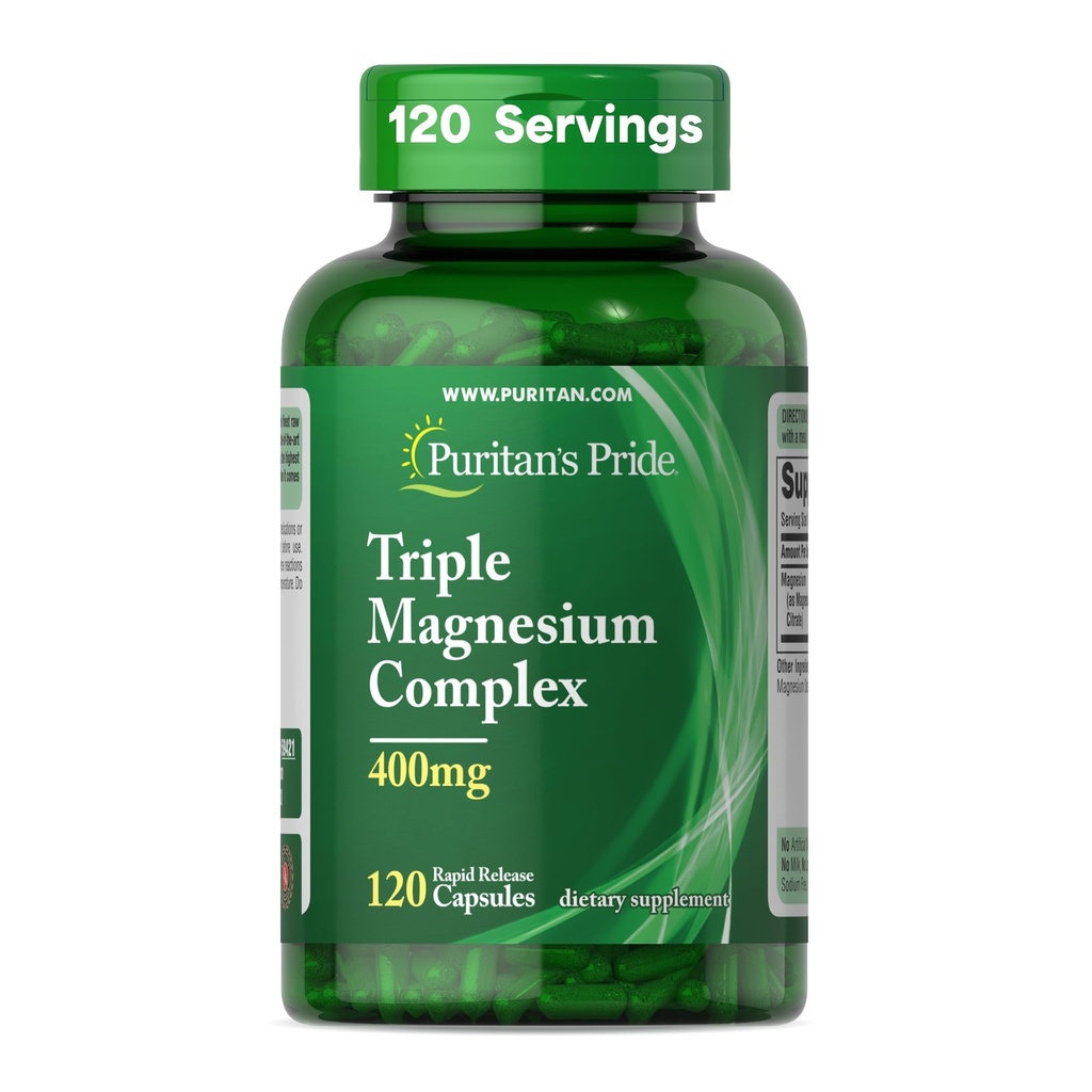 Complejo de magnesio triple de Puritan con óxido de magnesio, aspartato y citrato 400mg, suplemento dietético para músculo, corazón, nervio y soporte de hueso, 120 cápsulas de liberación rápida