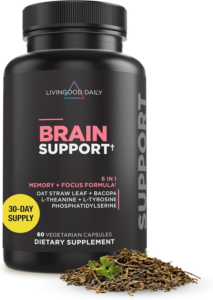 Livingood Suplementos diarios de cerebro para memoria " Focus, píldoras nootrópicas con Bacopa, L Theanine, L Tyrosine, Amino Acids " Más, Apoyo cognitivo para hombres " , Vegan, Gluten Free, 60 cápsulas