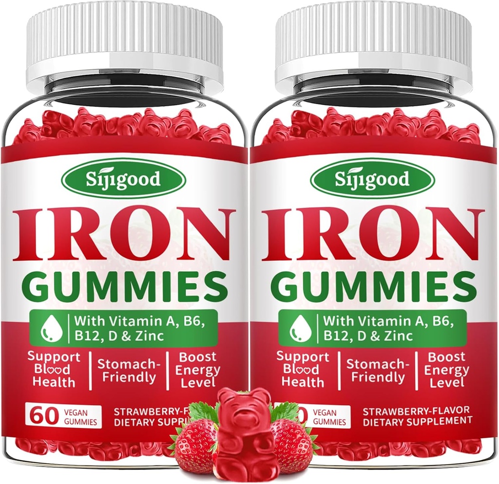 2 Empaquetaduras de hierro para hombres y mujeres - Suplemento de hierro vegano para la anemia " Deficiencia de hierro, con vitamina B12, vitamina C, zinc, folato - Energía libre de azúcar, sabor a fresa, 120 conteo
