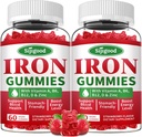 2 Empaquetaduras de hierro para hombres y mujeres - Suplemento de hierro vegano para la anemia " Deficiencia de hierro, con vitamina B12, vitamina C, zinc, folato - Energía libre de azúcar, sabor a fresa, 120 conteo