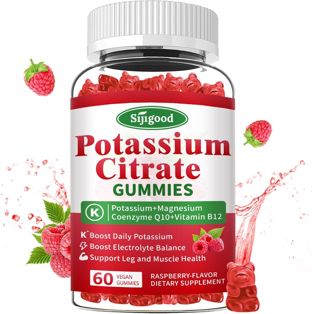 Gummies de citrato de potasio - Suplemento de potasio para la salud muscular, alivio de cáscara de pierna " equilibrio de electrolitos, vegano, no transgénico, libre de gluten, sabor de frambuesa, 60 cuenta