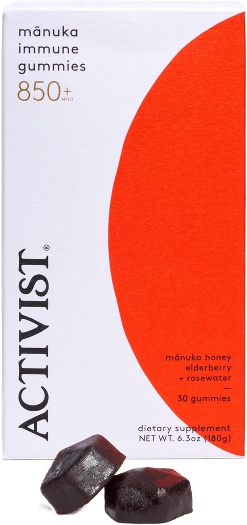 ACTIVIST Manuka Immune Gummies ← Raw Mānuka Honey 850+MGO, Elderberry, Rosewater Silencioso Suplemento dietético  Gluten-Free ← 30 Gummies (180 g  6.3 oz)