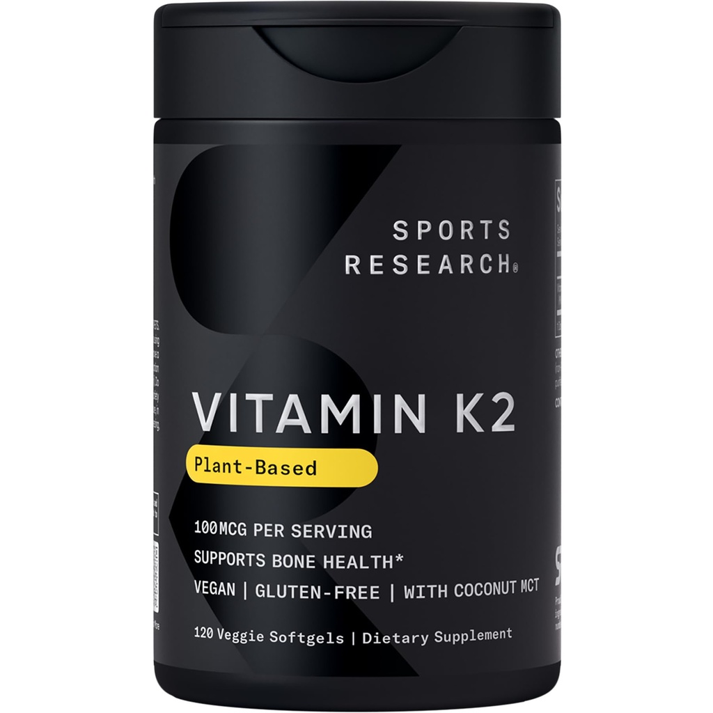 Sports Research Vitamin K2 as MK-7 100mcg with Coconut MCT Oil - 120 Veggie Softgels (4 Month Supply) Vegan Certified, Non-GMO Verified, Gluten & Soy Free