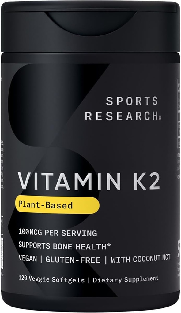 Sports Research Vitamin K2 as MK-7 100mcg with Coconut MCT Oil - 120 Veggie Softgels (4 Month Supply) Vegan Certified, Non-GMO Verified, Gluten & Soy Free