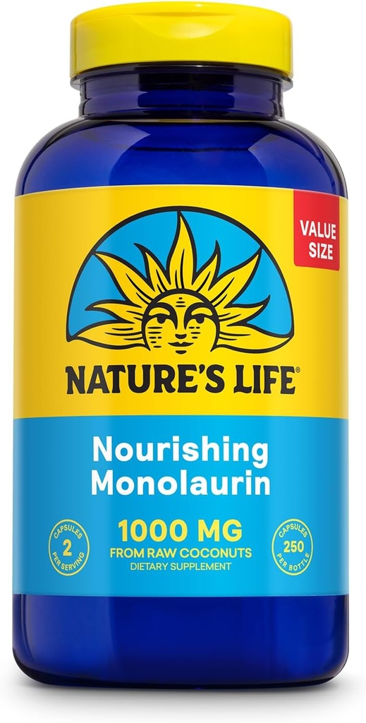 Monolaurin de vida de la naturaleza 1000 mg, Monolaurin nutritivo de coco natural crudo, Suplemento de apoyo inmunológico, Gut Health, Balanced Gut Flora, Garantía de 60 días, 125 Servimientos, 250 cápsulas vegetarianas