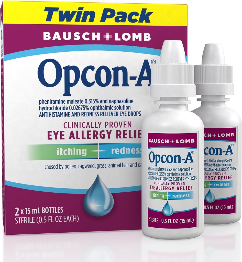 Opcon-A Allergy Eye Drops, Antihistamine and Redness Relief for Itchy, Red Eyes, Soothes Irritation from Pollen, Ragweed, Grass, Animal Hair and Dander Clinically Proven Formula, 0.5 Fl Oz (Pack of 2)
