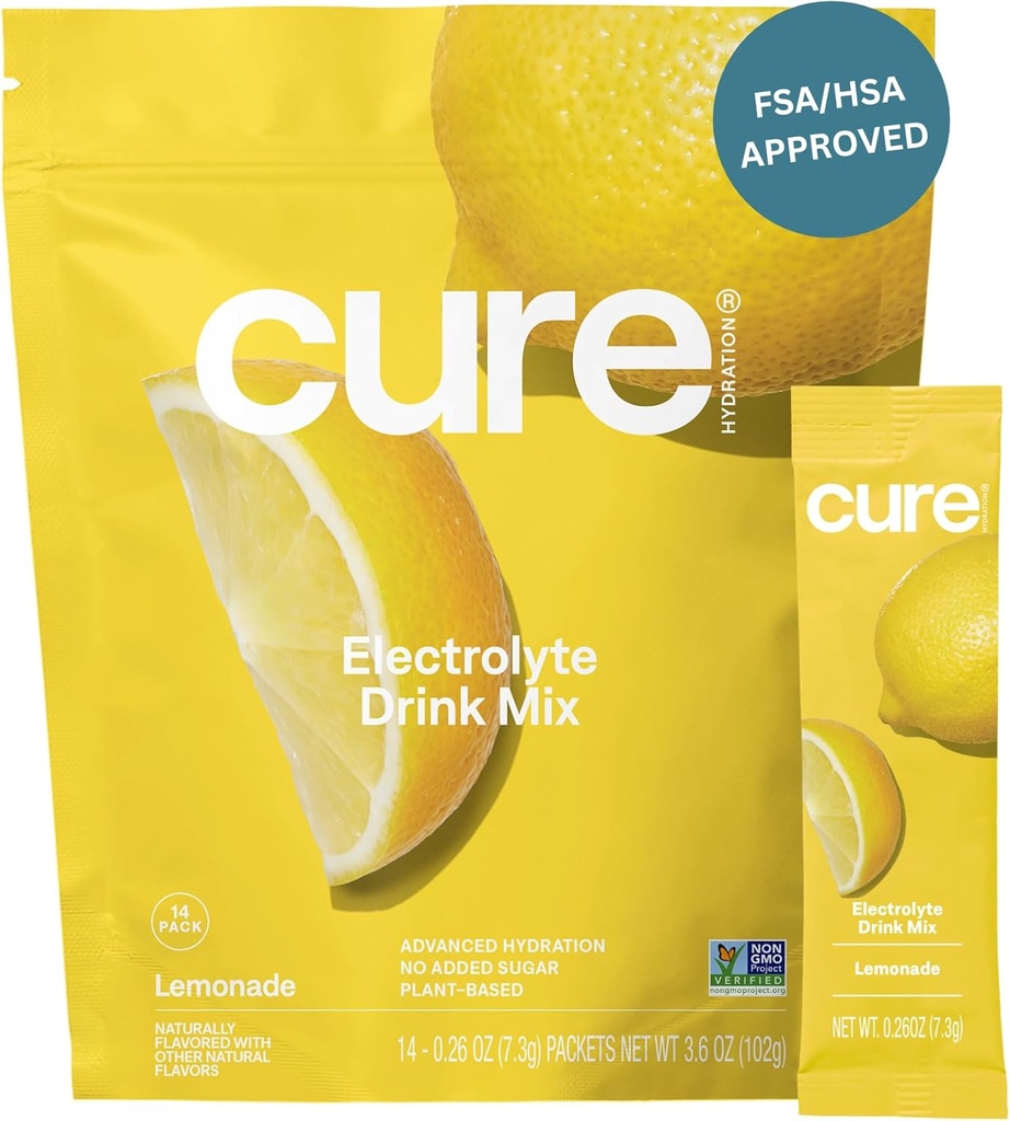 Cure Hydration ¦ Plant-Based Electrolyte Drink Mix Silencio No Añadido Azúcar Silencioso FSA &amp; HSA Silencioso Polvo de Alivio de Dehidratación Hecho con Agua de Coco Silencio No-GMO Silencio Vegan Silencioso Pouch of 14 Packets - Lemonade