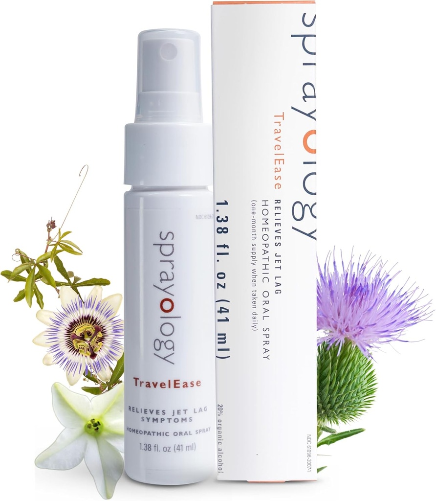 Sprayology TravelEase ← Homeopática Jet Lag Relief Spray tóxica Eases Tiredness, Sleeplessness, Disorientation " Dehydration " Oral Spray with Nux Vomica, Passionflower " Milk Thistle (1.38 fl oz)
