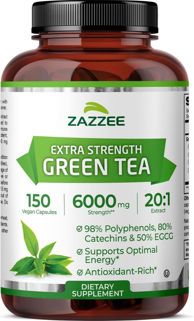 Zazzee Extra Strength Green Tea 20:1 Extract, 6000 mg Strength, 50% EGCG, 98% Polyphenols y 80% Catcehins, 150 capsules Vegan, 5 Month Supply, Standardized y concentrado 20X Potency, Non-GMO