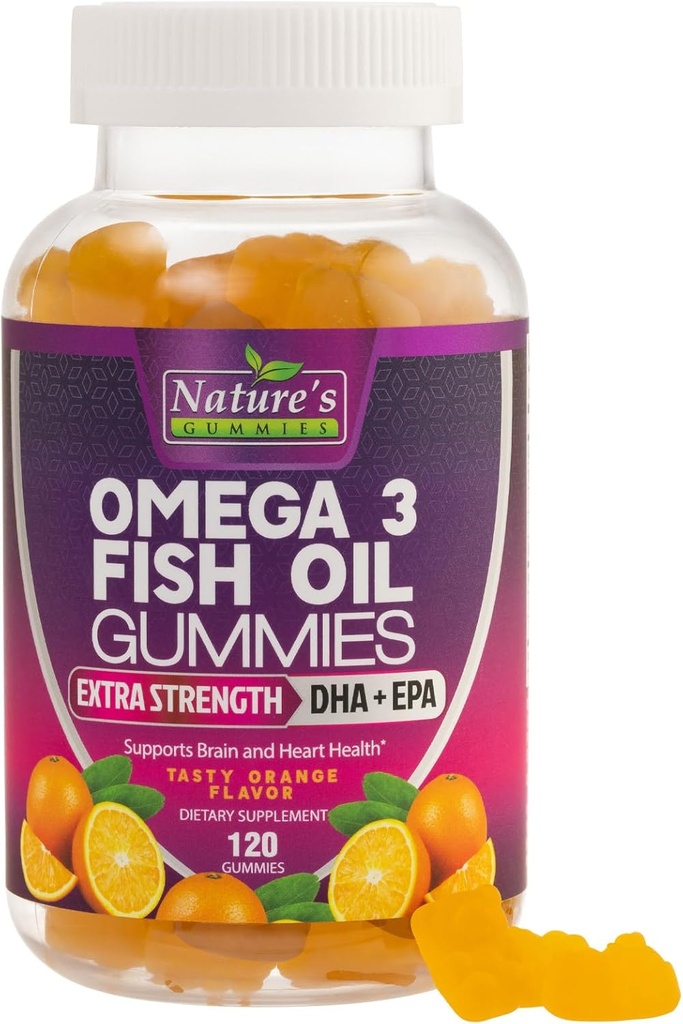 Omega 3 Mangas de aceite de pescado, corazón sano Omega 3 Gummy Suplemento con alta absorción DHA &amp; EPA, Extra Strength Joint & Brain Support, Delicious Orange Flavor Fish Oil Nature's Vitamin - 120 Gummies