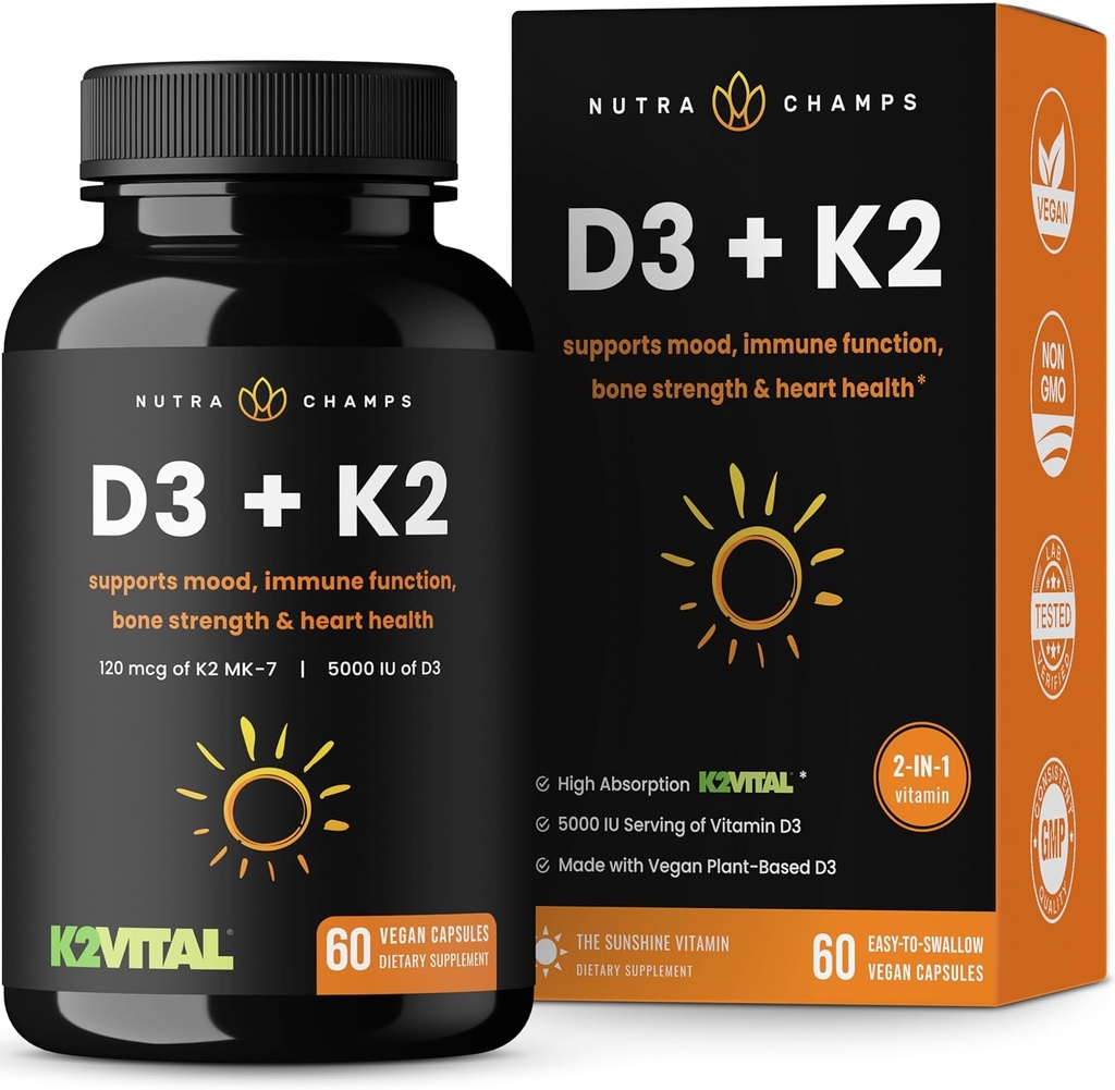 NutraChamps D3 con K2 MK7 Suplemento para la salud del corazón y el hueso TENIDO vitamina D &amp; K Complejo Ø 5000 UI de vitamina D 3 &amp; 100 mcg de vitamina K 2 MK-7 ANTE 60 Vitamina K2 D3 cápsulas