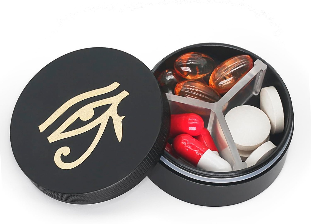 Caja pequeña de pill 3 Compartimientos, Caja de pill redondeada de metal, Organizador a prueba de agua, Pocket Purse Medicine Vitamin Holder EDC Container (Black with Eye)