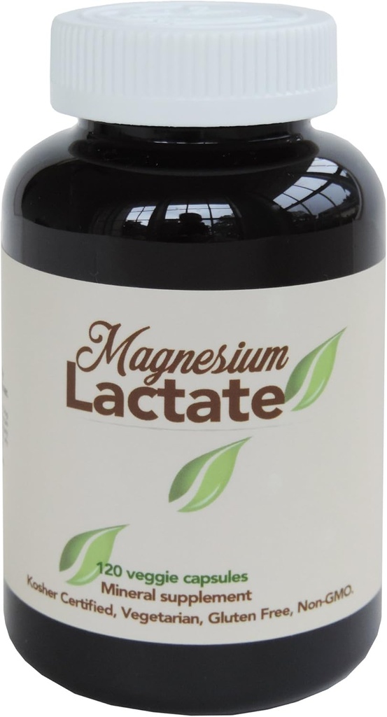 Magnesio Lactate 500 mg por servidumbre, 120 cápsulas vegetarianas pequeñas fáciles de absorber. Gluten Free. Fórmula altamente biodisponible. Absorción alta. Hecho en EE.UU.