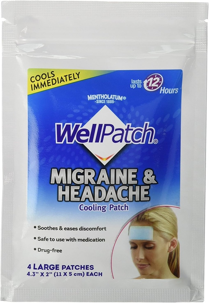 WellPatch Migraine & Headache Cooling Patch - Drug Free, dura hasta 12 horas, seguro de usar con medicamentos - Patches grandes (4 Patches grandes), Cada 4.3 x 2 en