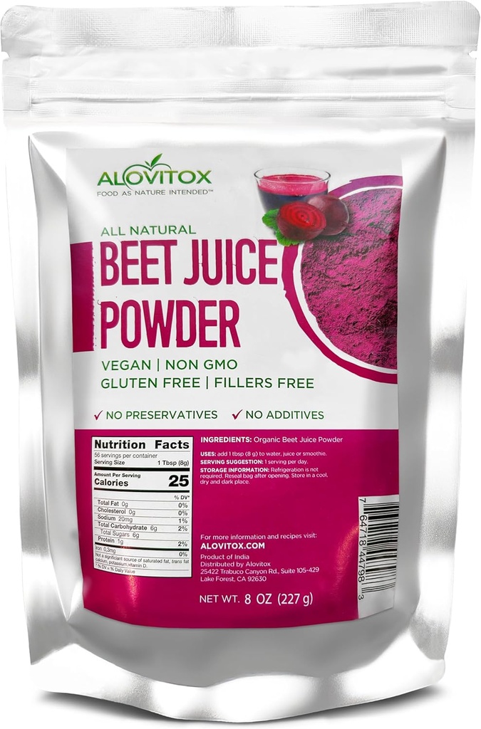 Alovitox Orgánica Beet Juice Powder ←100% Puro, Fresco &amp; Beet Juice Extract Powder ← Nitric Oxide Superfood ← Vegan, Non - Gmo & Gluten-Free ← Apoyo Energizado y eficaz sesión de entrenamiento (8 oz)