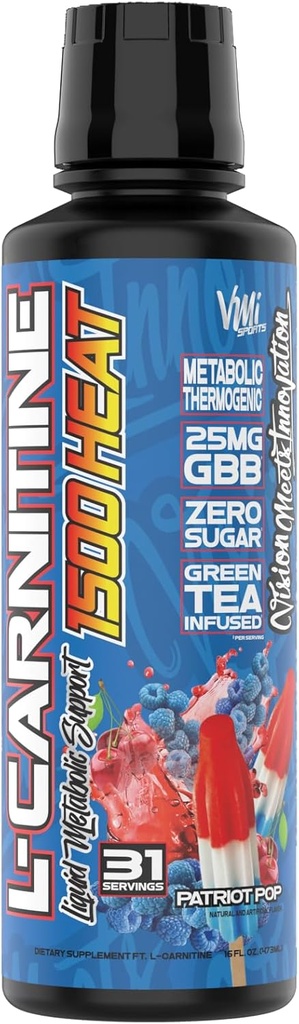 VMI Sports L-Carnitine 1500 Calor líquido termogénico mejorado TENCIÓN 1500 mg Carnitina ANTE Absorción Máxima Fórmula ANTE Gran Sabor para Hombres &amp; Mujeres TENIDO 31 Servimientos (Patriot Pop)