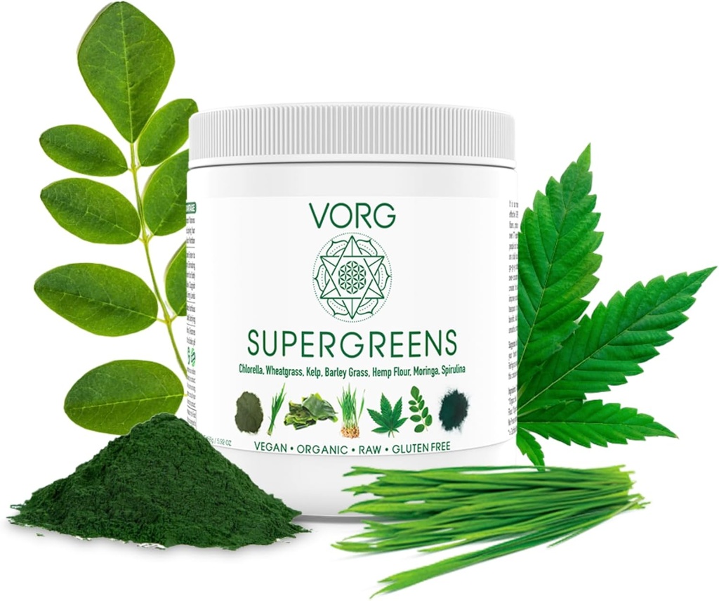 VORG SuperGreens - #1 Green Superfood Powder with Chlorella, Barley Grass, Moringa, Kelp, Spirulina, Wheatgrass - 100% Orgánico - Probióticos, Fibra " Enzymes (1 Week Supply)