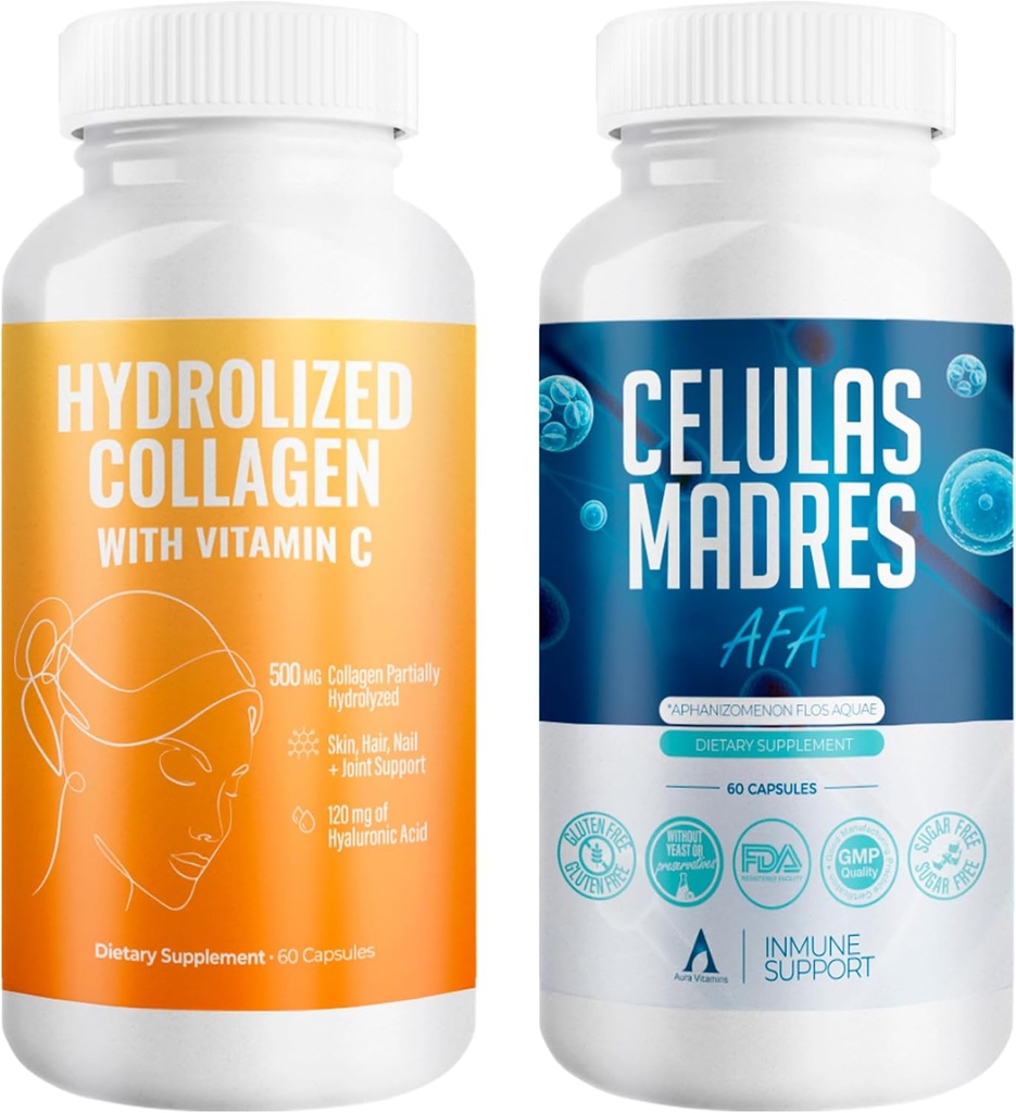 Aura Vitamina Mega Antioxidante Bundle ANTE Hidrolyzed Collagen " AFA Stem Cell ← Collagen hidrolizado con vitamina C, Aphanizomenon Flos-Aquae ← Celula Madre Skin, Hair and Nail Support – 60 Cada Caps (2)