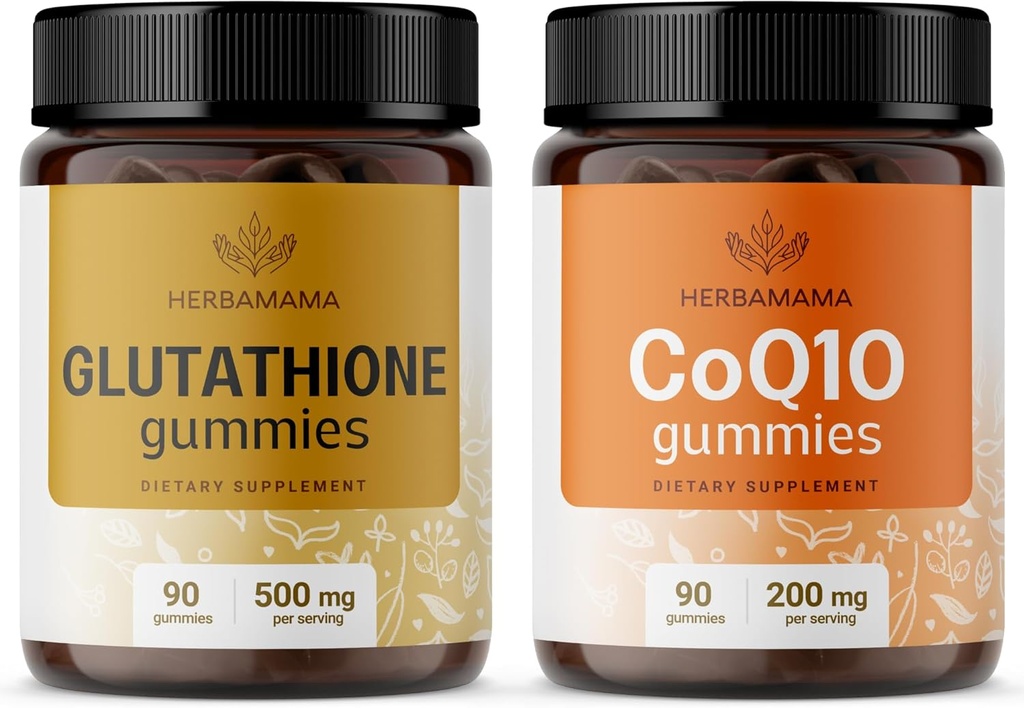 HerBAMAMA Glutathione y CoQ10 Kit - Agrupo de 500 mg L-Glutathione reducido y 200 mg CoQ10 Gummies - Vegan, No GMO, Gelatin-Free - 2 Pack