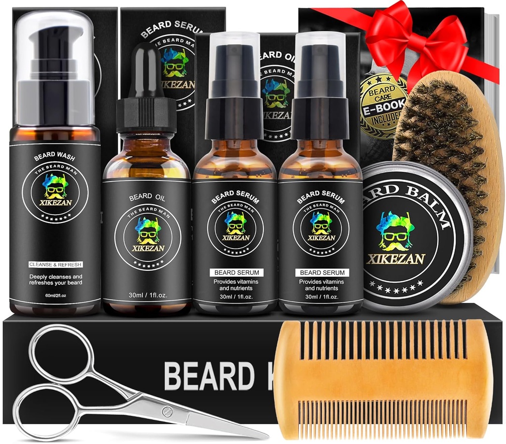 XIKEZAN Beard Kit para Hombres Grooming &amp; Care Set w/2 Pack Beard Serum, Wash, Oil, Balm, Comb, Brush, Scissor, Bag, EBook, Unique Birthday Gifts for Men Him Papa Husband Brother Christmas Stocking Stuffers