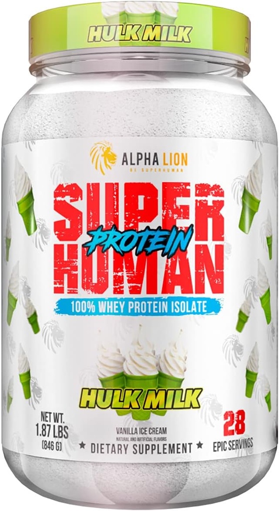 ALPHA LION Superhuman Whey Protein Powder, Great Tasting Pure Whey Protein Isolate, Low Carb, Low Sugar, No Bloat Post Workout, Muscle Recovery &amp; Growth (28 Servings, Hulk Milk)