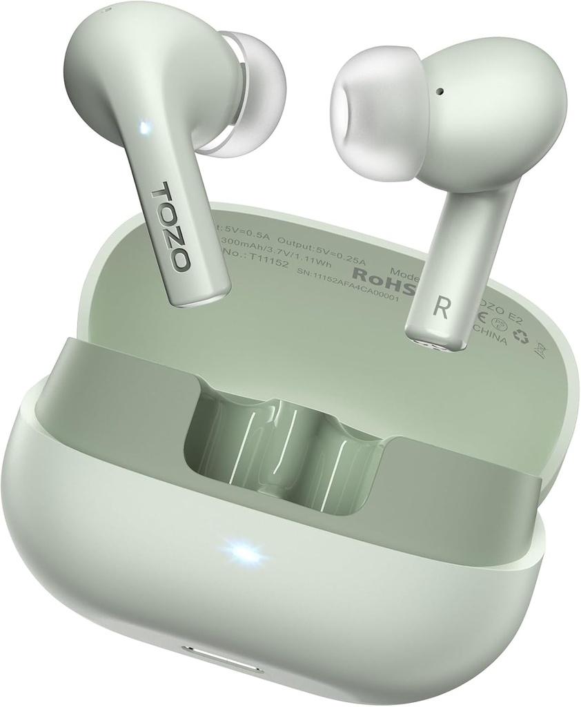 TOZO E2 Wireless Earbuds con 2 Mics AI Call Noise Cancelación, 10mm Drivers with Powerful Bass, App Personaliza 32 EQs, 30H Playtime, Bluetooth 5.3 Ear Buds, Comfort Fit in-Ear Headphones