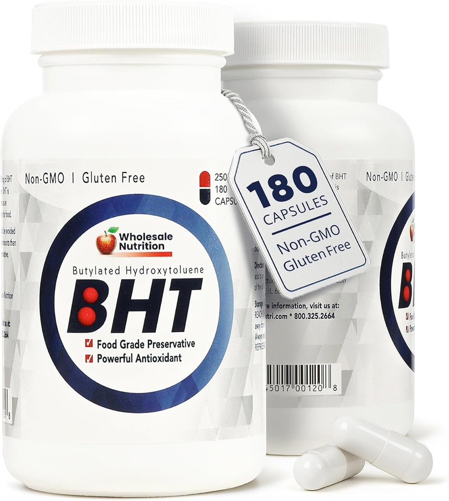 Nutrición al por mayor Suplemento BHT cápsulas - 250 mg Antioxidante Potente - No GMO, Gluten-Free - Mejora del aceite/Preservación facial - Hidroxitolueno Puro Butilado para Alimentos/Oils - 180 cápsulas