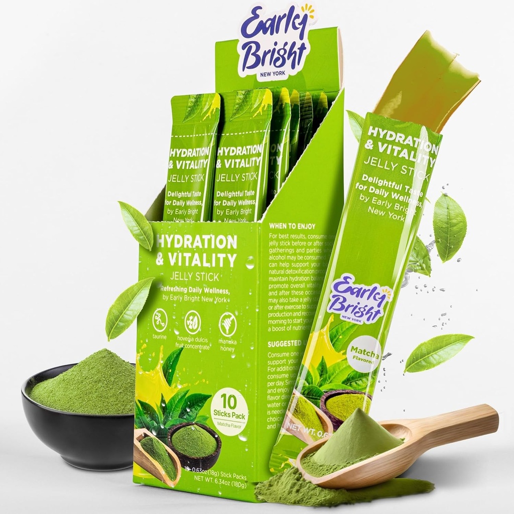 Jelly Sticks - Matcha-Flavored for Better Morning After Drinking, Liver Support " Vitality with Taurine " DHM, Feel Refreshed and Energized, 18gX10ea