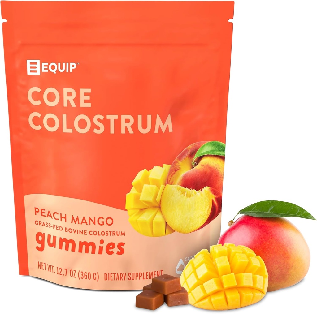 Equip Foods Core Bovine Colostrum Gummies, Delicious 1g Per Seving Grass Fed Colostrum Suplemento - Gut Health, Immunity, Recovery, Hair & Skin - 60 Bovine Colostrum Gummies, 30 Servings, Peach Mango