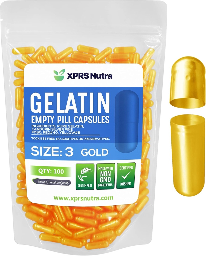 XPRS Nutra Size 3 Empty Capsules - 100 Conde Empty Gelatin Capsules - Pills DIY Capsule Filling - Pure Bovine Pill Gel Caps Fillable for Do-It-youself Vitamins and Supplements (Gold)