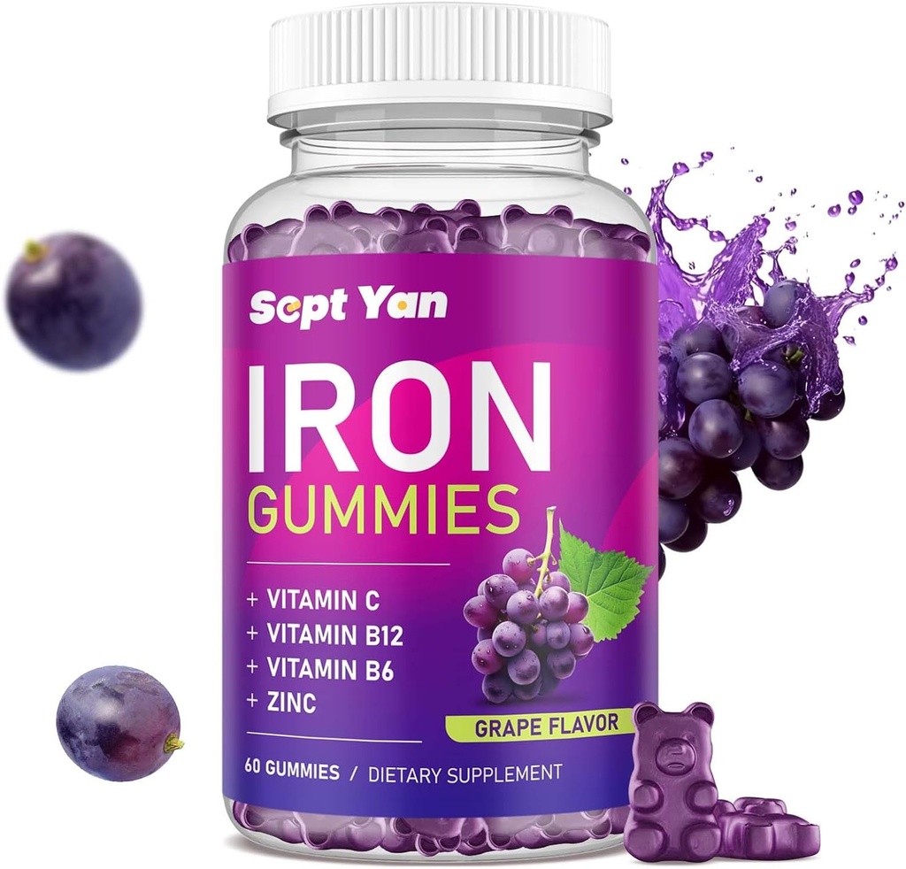 Gummies de hierro para niños - con vitamina C, B12, B6, Zinc - Constructor de sangre & energía - Suplemento de hierro Gummies Apoyo para el constructor de sangre, anemia - 60 sabor de uva vegano