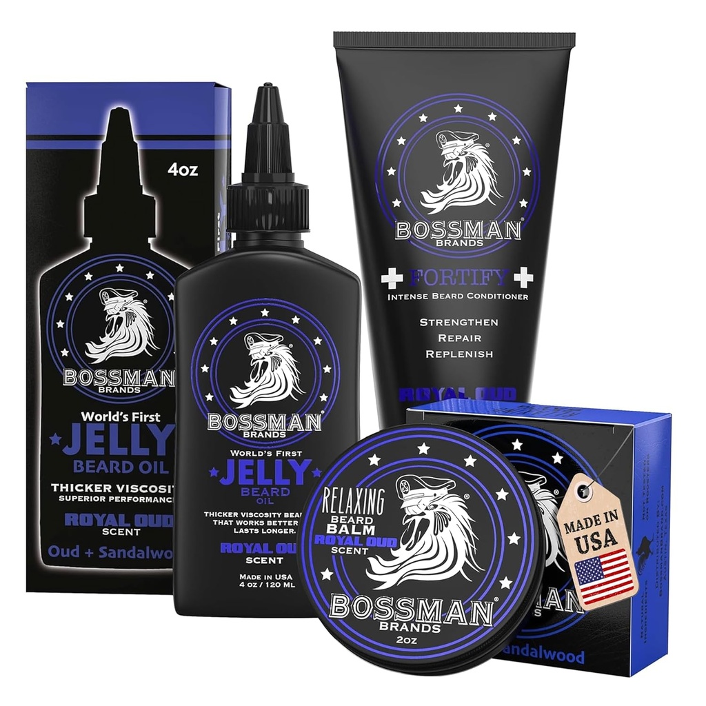 Bossman Essentials Beard Kit para Hombres, Conjunto de 3 - Beard Oil Jelly, Fortifying Conditioner Cream, Beard Balm - Accesorios de cuidado de crecimiento - Gift Set para Hombres (Royal Oud)
