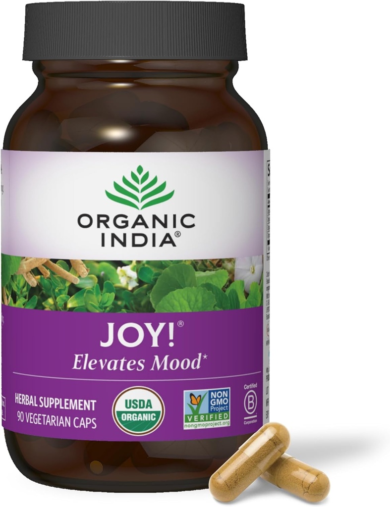 ORGANIC INDIA Joy Herbal Supplement - Immune Support, Promotes Memory & Concentration, Vegan, Gluten-Free, Kosher, USDA Certified Organic, Non-GMO, Calming - 90 cápsulas