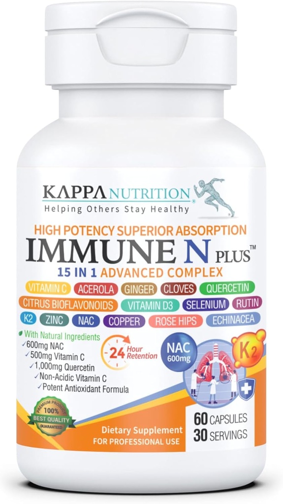 (60 cápsulas), NAC 600mg, Quercetina 1000mg, Vitamina C 500mg, Zinc 50mg, Vitamina D3 5,000iu, Selenium, Copper, Acerola, Ginger, Rutin, Citrus Bioflavonoids, Rose Hips, Echinacea, Immune N Plus 15 en 1