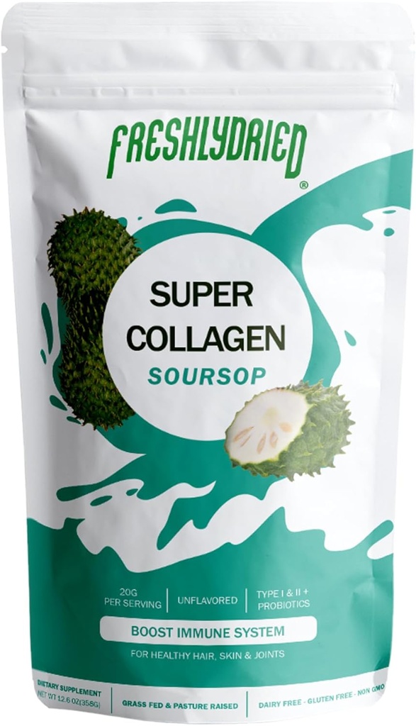 Freshlydried Collagen Peptides & Soursop Powder – Supports Healthy Skin, Hair, Nails, Joints, and Bones – Type I & III Grass-Fed Collagen with Probiotics – 20 Servings – 12.6 Ounces