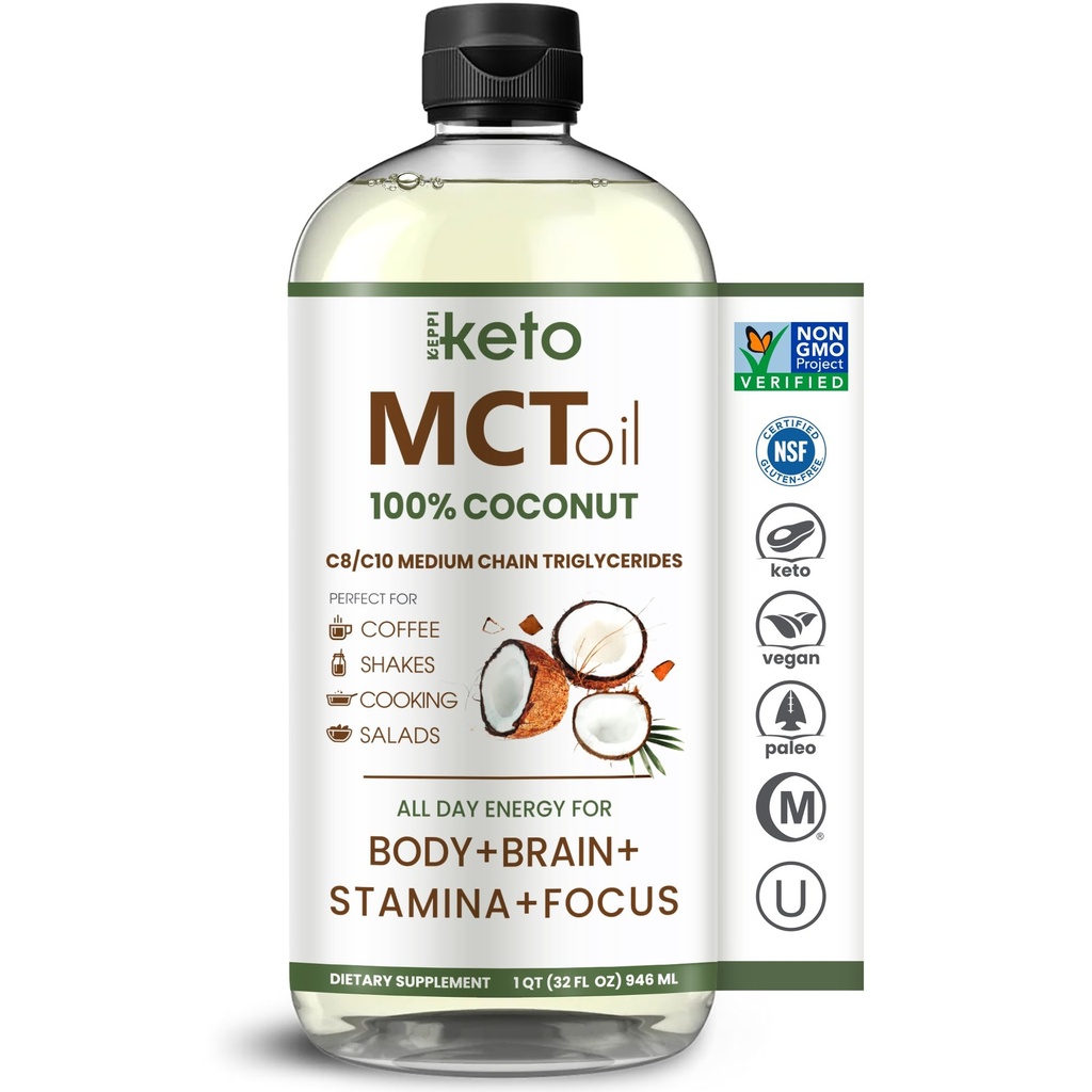 Keppi MCT Oil - from 100% Coconuts - Flavorless C8 and C10, Non-GMO, Certified Gluten-Free, Palm Oil Free, Vegan, Kosher, Halal, 32 oz Coconut Oil