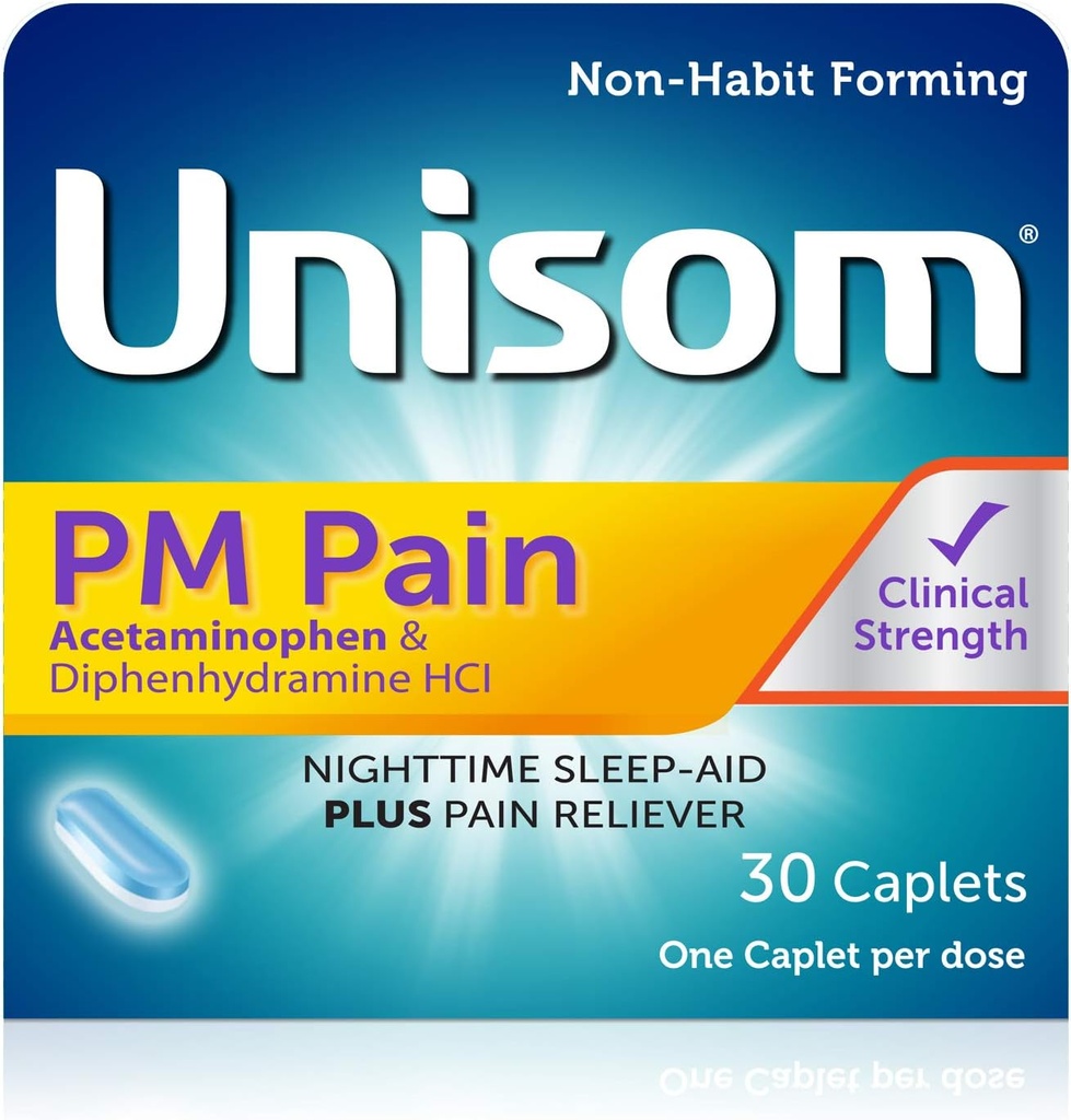 Unisom PM Pain Nighttime Sleep-aid + Pain Reliever, Acetaminophen &amp; Diphenhydramine HCI, 30 Caplets, 50mg