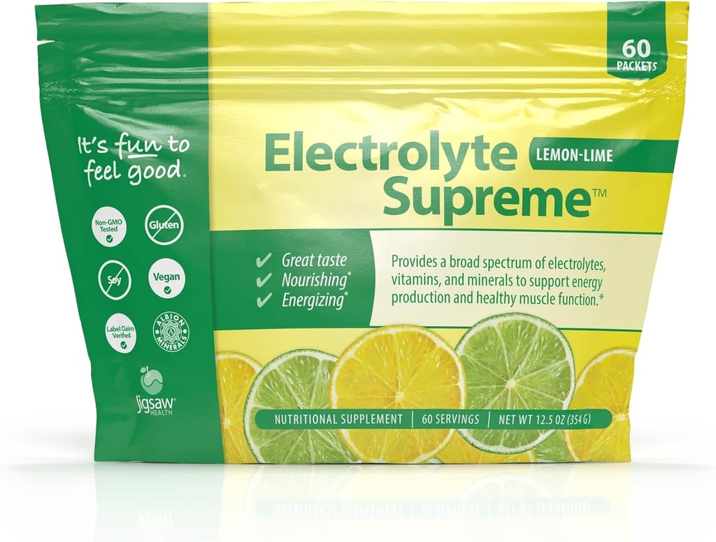 Jigsaw Health Electrolyte Supreme tención Broad Spectrum of Electrolytes + Trace Minerals TEN Lemon-Lime Flavor TENIDO 60 Servings (Packets)