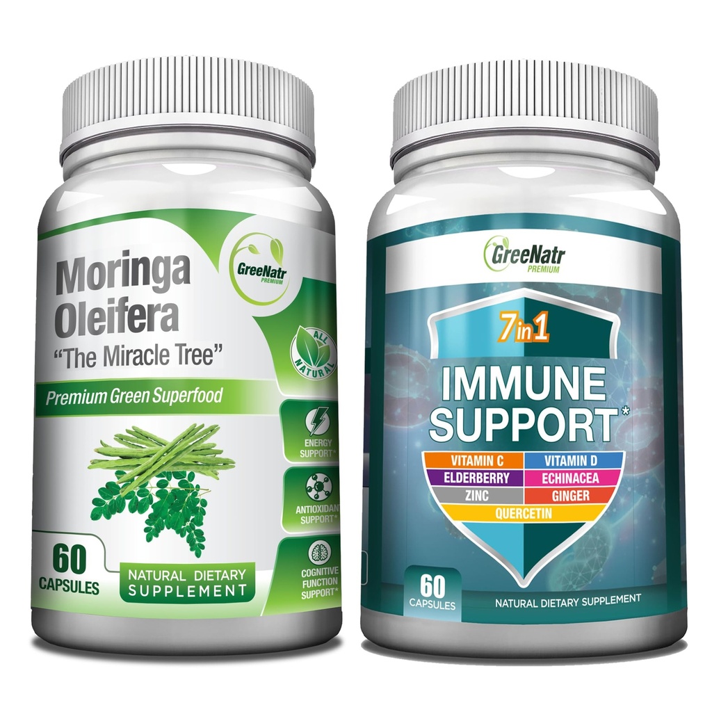 GreeNatr Energy Support &amp; Immune Defense Bundle: Pure Moringa Oleifera Leaf Extract Veggie Capsules (1000 mg) con 7-in-1 Immune Support Formula for Energy, Mood, Memory, Focus