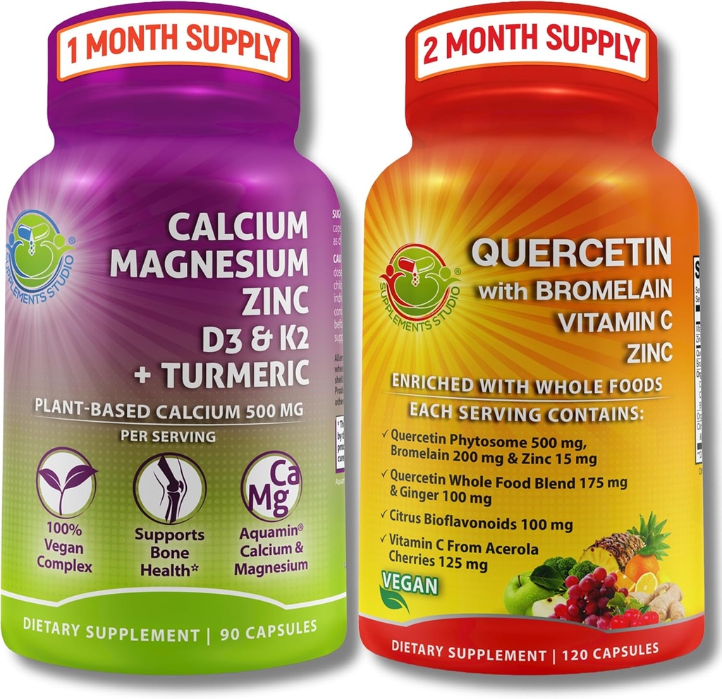 Bone &amp; Immune Support Bundle - Quercetin 500mg con Bromelain, Zinc, Vitamina C &amp; Organic Whole Foods + Planta-Based Calcium 500mg, Magnesium, D3, K2 &amp; Turmeric - Vegan, Non-GMO, Clean Label