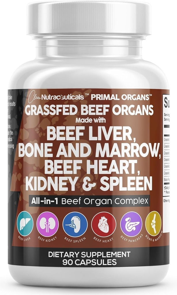 Nutracéuticos limpios Grass Fed Beef Liver Capsules - Premium Quality Suplemento Empaquetado con Píldoras Desiccated, Beef Heart, Spleen, Pancreas Plus Bone & Marrow Dao Enzyme