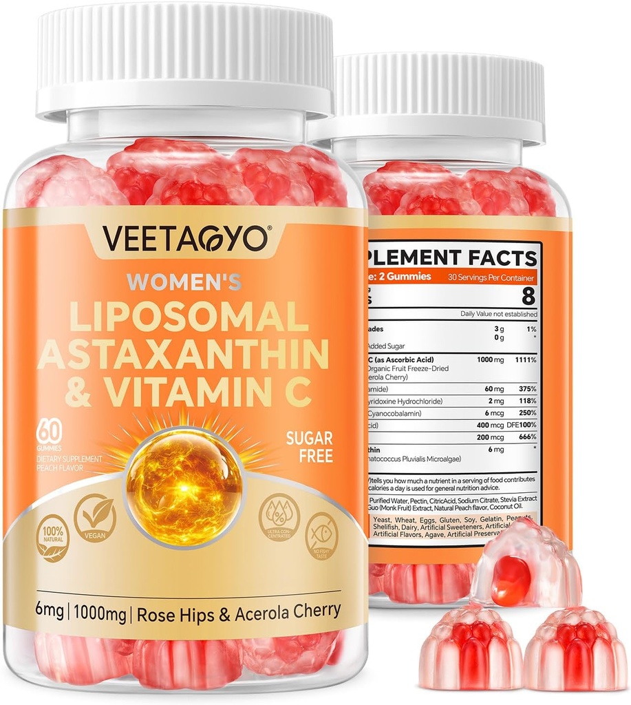 Astaxanthin Suplementos 6mg + Liposomal Vitamina C 1000mg - Dual Layer - Niacin B6,B12,Folate,Biotin - Antioxidantes - Gelatin Gratis,Sugar Gratis,60Cts