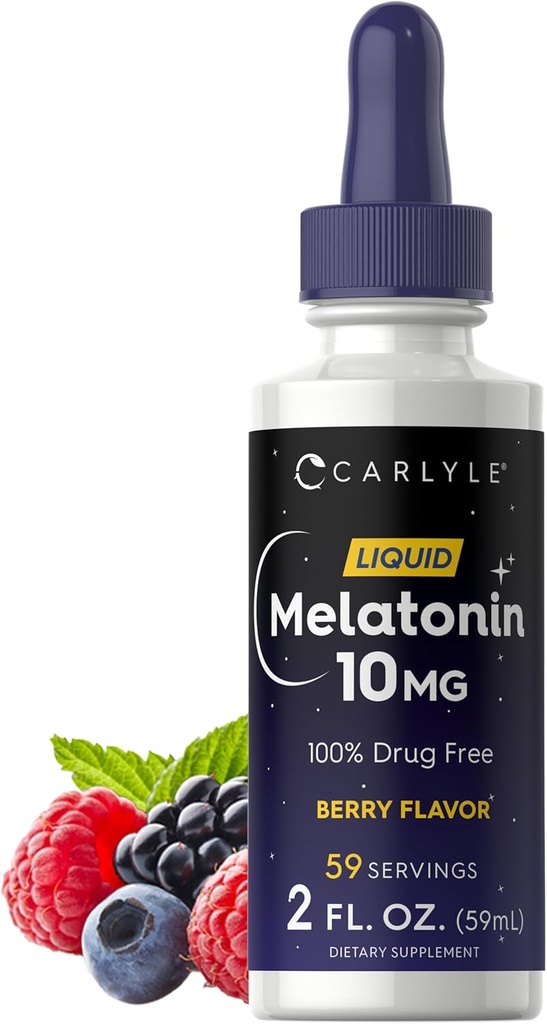 Carlyle Melatonin 10mg  2 fl oz Liquid Drops ← Berry Flavor Silencio para adultos ← Non-GMO, Vegetarian Supplement
