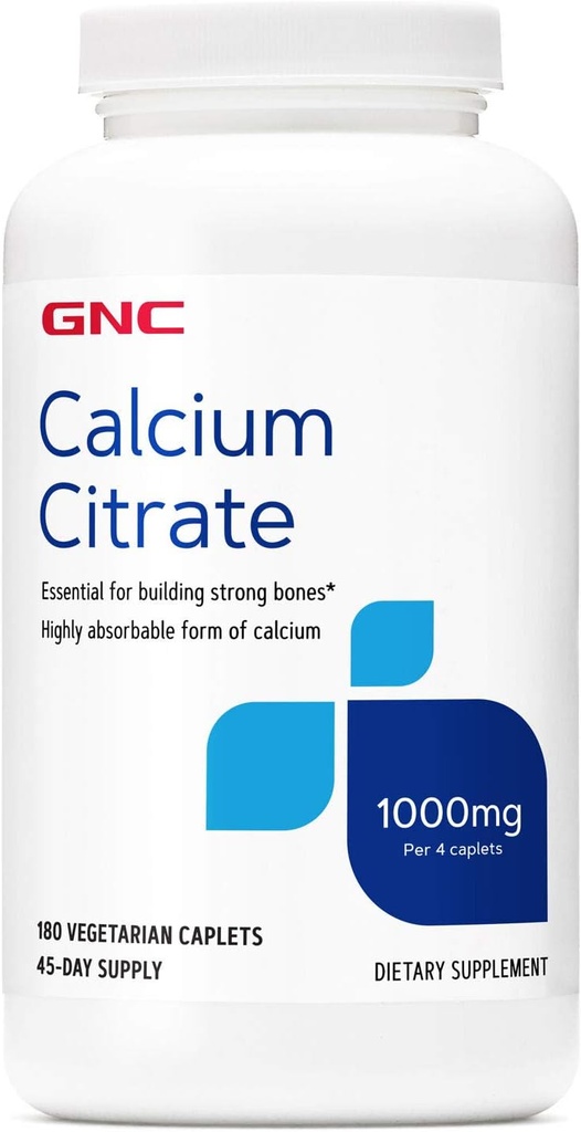 Citrato de calcio GNC 1000mg, esencial para la construcción de huesos fuertes, 180 caplets vegetarianos
