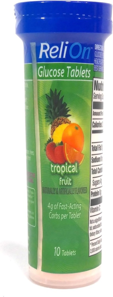 ReliOn Glucose Tropical Fruit Tablets, On-The-Go Tube, 10 Tablets.