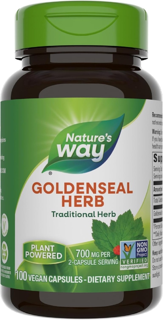 Camino de la Naturaleza Goldenseal, Herb Tradicional, 700 mg por 2-Capsule Serving, Proyecto No-GMO Verificado, Vegan, 100 cápsulas