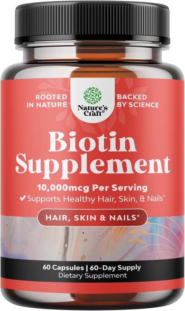 Natures Craft 10000 mcg Pure Biotin Pills for Women Men - Promueve el cabello delgado y más completo. Suplemento natural para el crecimiento del cabello delgado brillante - Capsules de vitamina vegetariana - Obtener uñas fuertes de piel clara